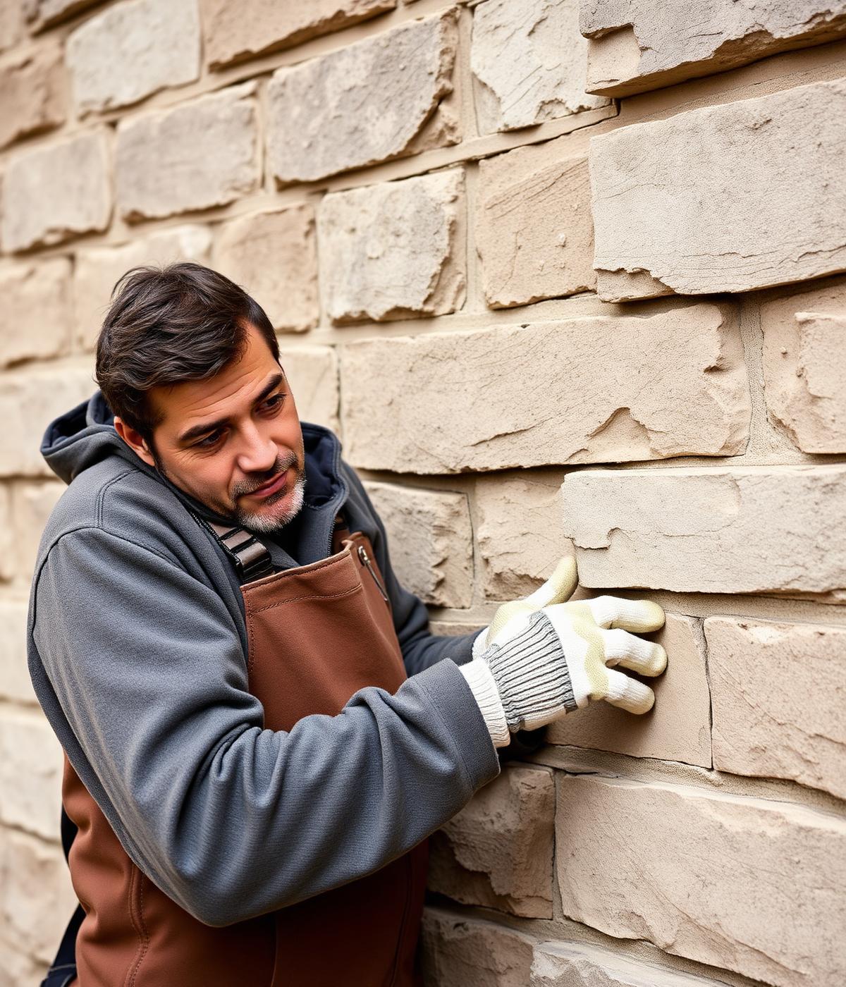 Maçon professionnel travaillant sur un mur de pierre
